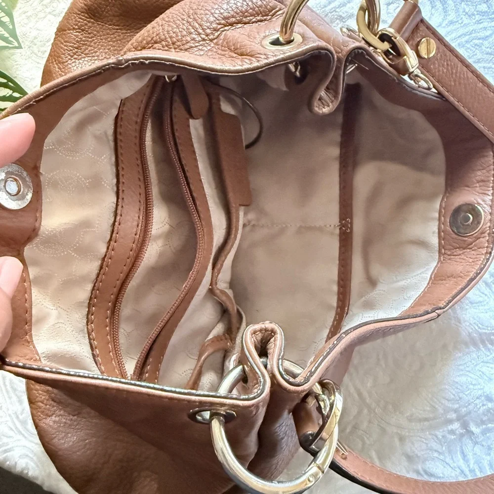 Michael Kors Brown Leather Hobo Bag Shoulder Purse Gold Tone Logo
